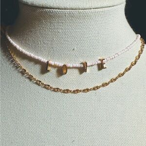 Gold Chain and Pink Beaded 'Love' Necklace Set